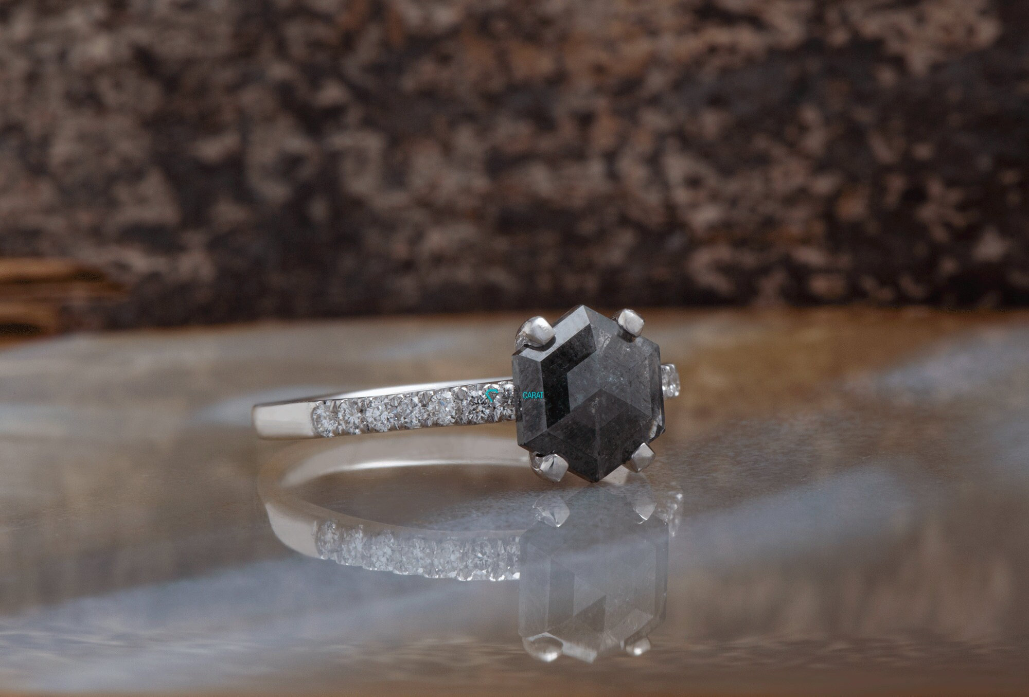 Hexagon Diamond-salt And Pepper Diamond Engagement Ring-salt And Pepper Ring-hexagon Ring-hexagon Diamond Ring-shield Engagement Ring