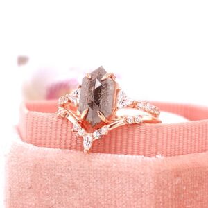 Hexagon Salt & Pepper Diamond Ring Set – 14K Gold Bridal Wedding Hexagon Salt & Pepper Diamond Ring Set – 14K Gold Bridal Wedding