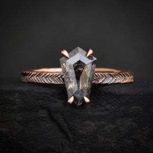 Black Galaxy Diamond Kite Ring. Custom Solid Rose Gold Feather Textured Shield Salt And Pepper Diamond Engagement Ring Black Galaxy Diamond Kite Ring. Custom Solid Rose Gold Feather Textured Shield Salt And Pepper Diamond Engagement Ring