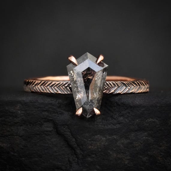 Black Galaxy Diamond Kite Ring. Custom Solid Rose Gold Feather Textured Shield Salt And Pepper Diamond Engagement Ring