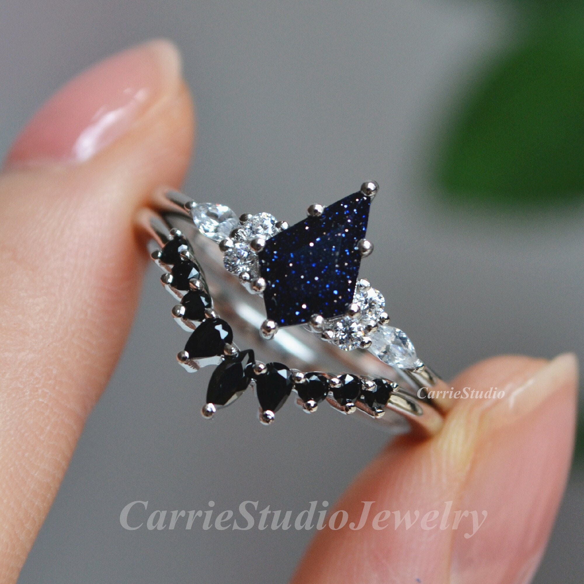 Kite Cut Blue Sandstone Engagement Ring Set/silver Black Diamond Ring Set/goldstone Ring/black Stone Bridal Ring Set