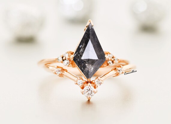 Kite Salt And Pepper Diamond Engagement Ring With Black Diamond – 14k Gold Bridal Set