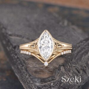 Marquise Cut Lab Diamond Engagement Ring Set Yellow Gold Lab Grown Diamond Ring Vintage Celtic Ring Solitaire Bezel Ring Proposal Ring