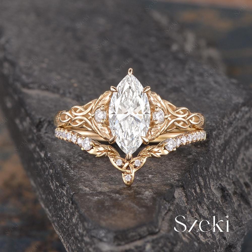 Marquise Cut Lab Diamond Engagement Ring Set Yellow Gold Celtic Knot Ring Twisted Ring Leaf Wedding Ring Infinity Diamond Ring Promise Ring
