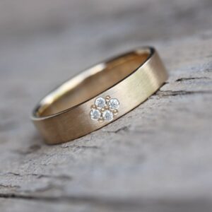 Modern 14k Yellow Gold Diamond Wedding Band Unisex Comfort Fit 4mm Wide Good Luck Minimalistic Bead Detail Bride Groom Ring - Glowing Clover