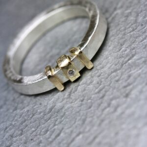 Modern Men's Wedding Band Small White Diamond 14k Yellow Gold Sterling Silver Solid Rustic Hammered Texture Narrow Groom's Ring - Tribunal