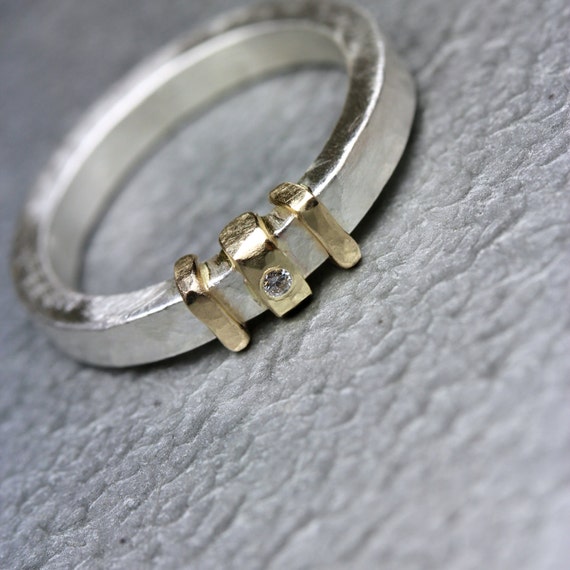 Modern Men's Wedding Band Small White Diamond 14k Yellow Gold Sterling Silver Solid Rustic Hammered Texture Narrow Groom's Ring - Tribunal