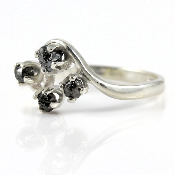 Multi Stone Diamond Ring - Raw Uncut Diamonds - Jet Black Rough Diamond - Silver Engagement Ring, Wedding - April Birthstone Multi Stone Diamond Ring - Raw Uncut Diamonds - Jet Black Rough Diamond - Silver Engagement Ring, Wedding - April Birthstone