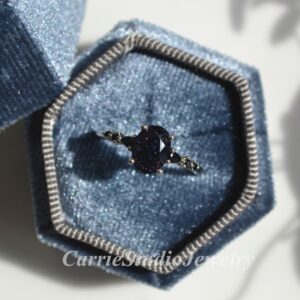 Oval Blue Sandstone Ring: Black Diamond Accent, Galaxy Engagement Ring
