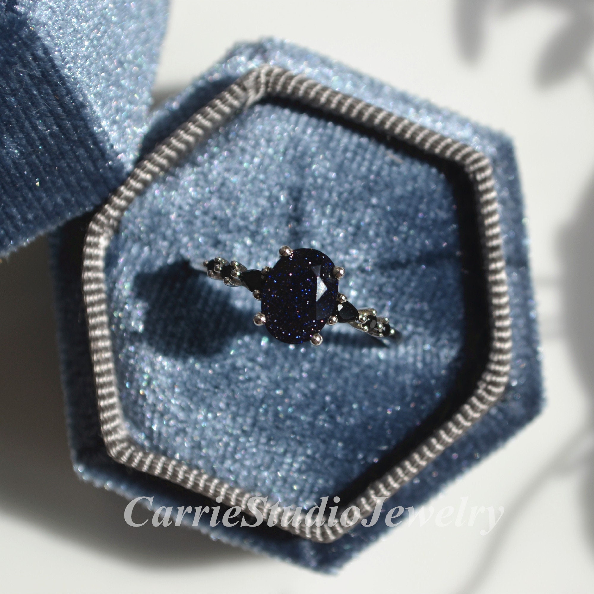 Oval Blue Sandstone Ring: Black Diamond Accent, Galaxy Engagement Ring Oval Blue Sandstone Ring: Black Diamond Accent, Galaxy Engagement Ring