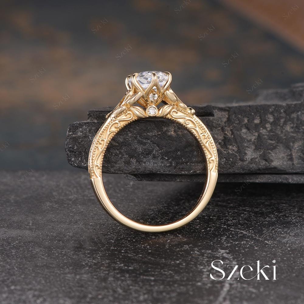 Oval Cut Lab Diamond Engagement Ring Unique Peekaboo Ring Yellow Gold Tulip Setting Ring Nature Inspired Leaf Ring Engraving Ring Promise