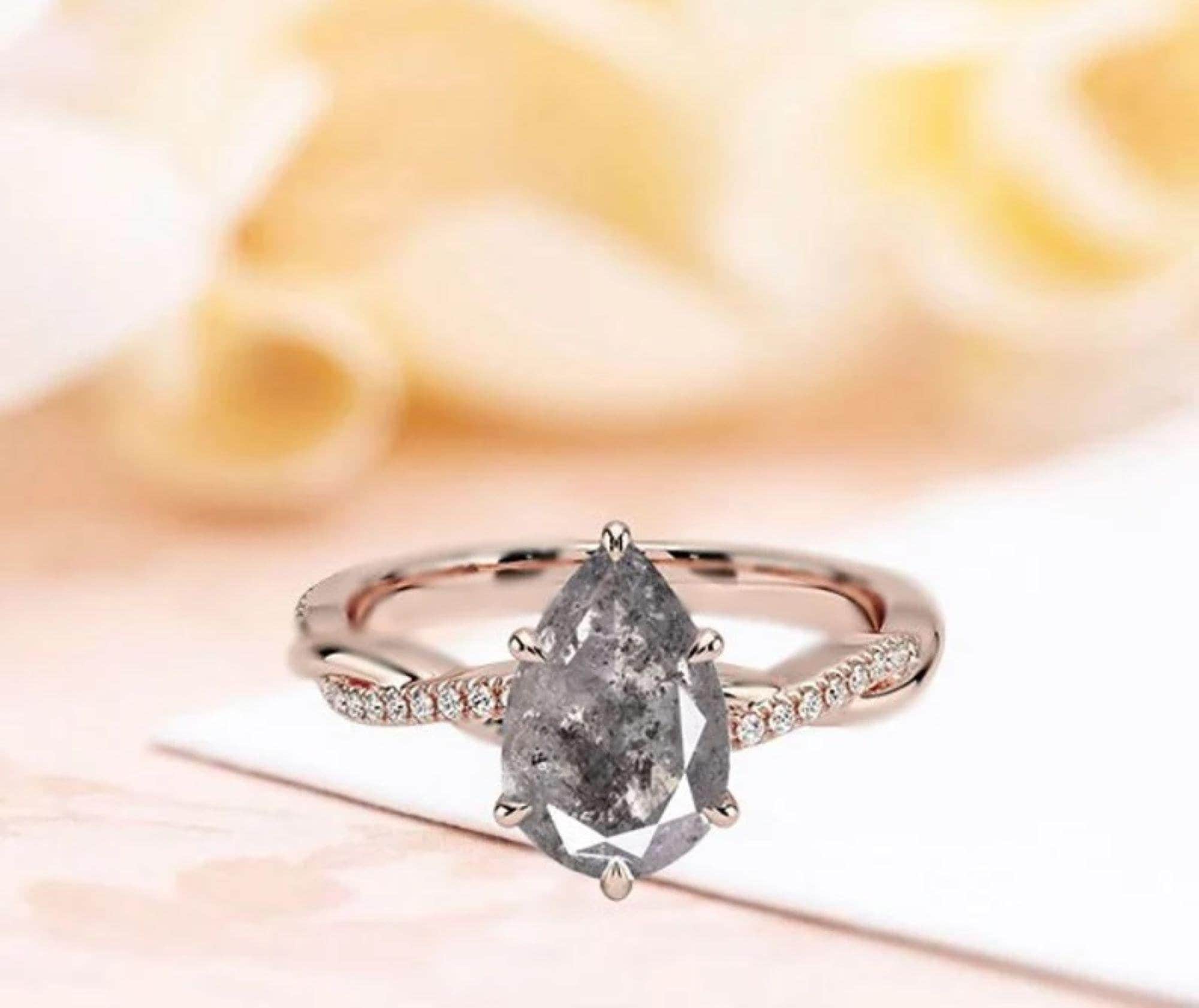 Pear Salt And Pepper Diamond Ring – Twisted Shank Sterling Silver Engagement Ring