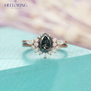Pear Salt And Pepper Diamond Engagement Ring, Cluster Marquise Cut Diamond Ring, Diamond Curved Wedding Band, 14K Rose Gold Bridal Ring Set Pear Salt And Pepper Diamond Engagement Ring, Cluster Marquise Cut Diamond Ring, Diamond Curved Wedding Band, 14K Rose Gold Bridal Ring Set