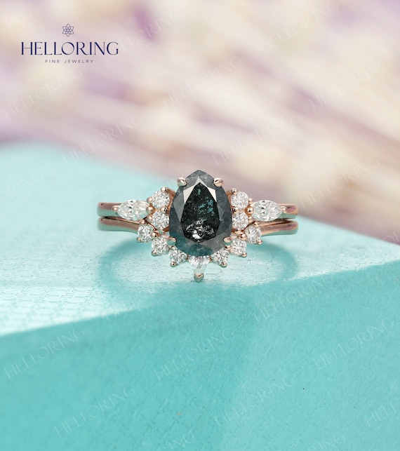 Pear Salt And Pepper Diamond Engagement Ring, Cluster Marquise Cut Diamond Ring, Diamond Curved Wedding Band, 14k Rose Gold Bridal Ring Set Pear Salt And Pepper Diamond Engagement Ring, Cluster Marquise Cut Diamond Ring, Diamond Curved Wedding Band, 14k Rose Gold Bridal Ring Set