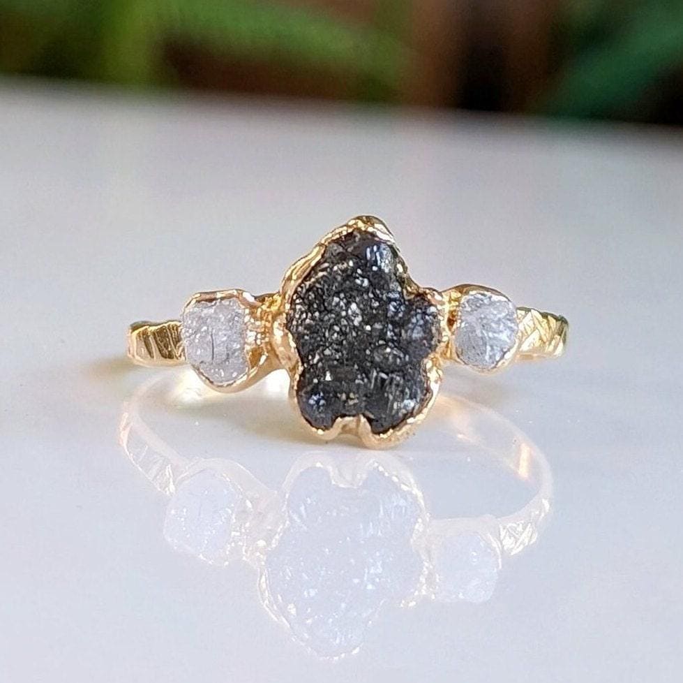 Raw Black Diamond Engagement Ring: Solid 14k Gold Multi-diamond Ring