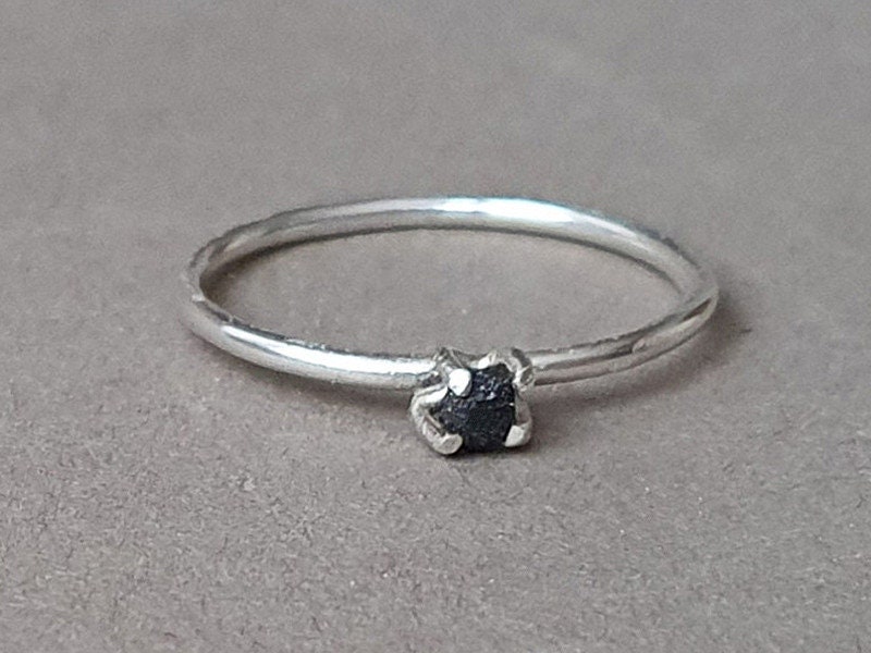 Raw Black Diamond Sterling Silver Stacking Ring: Minimalist Jewelry Raw Black Diamond Sterling Silver Stacking Ring: Minimalist Jewelry