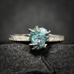 Raw Blue Diamond Ring. Rustic Prong Set Alternative Uncut Natural Diamond Gemstone Engagement Statement Feather Textured Ring Raw Blue Diamond Ring. Rustic Prong Set Alternative Uncut Natural Diamond Gemstone Engagement Statement Feather Textured Ring