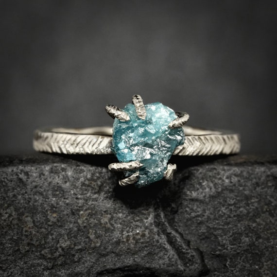 Raw Blue Diamond Ring. Rustic Prong Set Alternative Uncut Natural Diamond Gemstone Engagement Statement Feather Textured Ring Raw Blue Diamond Ring. Rustic Prong Set Alternative Uncut Natural Diamond Gemstone Engagement Statement Feather Textured Ring