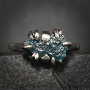Raw Blue Diamond Crystal Ring. Rustic Prong Set Uncut Blue Natural Diamond Engagement Band