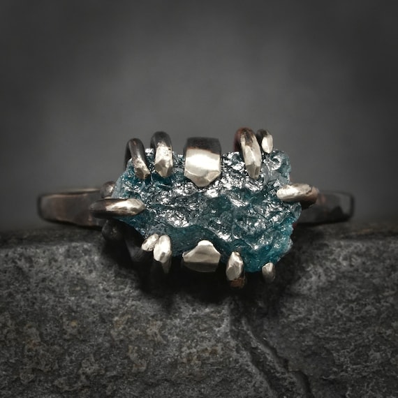 Raw Blue Diamond Crystal Ring. Rustic Prong Set Uncut Blue Natural Diamond Engagement Band