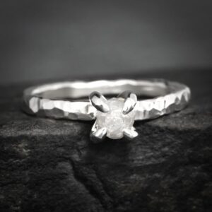 Round Raw Diamond Engagement Ring. Rustic Alternative Hammered Textured 4 Prong Set Uncut White Diamond Promise Ring