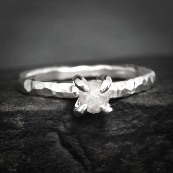 Round Raw Diamond Engagement Ring. Rustic Alternative Hammered Textured 4 Prong Set Uncut White Diamond Promise Ring