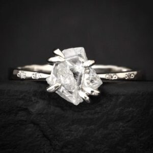 White Raw Galaxy Diamond Ring. Rustic Included Milky White Uncut Prong Set Natural Diamond Engagement Promise Ring