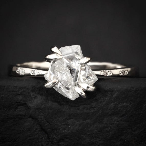 White Raw Galaxy Diamond Ring. Rustic Included Milky White Uncut Prong Set Natural Diamond Engagement Promise Ring