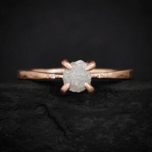 Uncut White Diamond Engagement Ring. Rustic Matte Gold 4 Prong Set Raw Greyish White Natural Round Diamond Promise Ring
