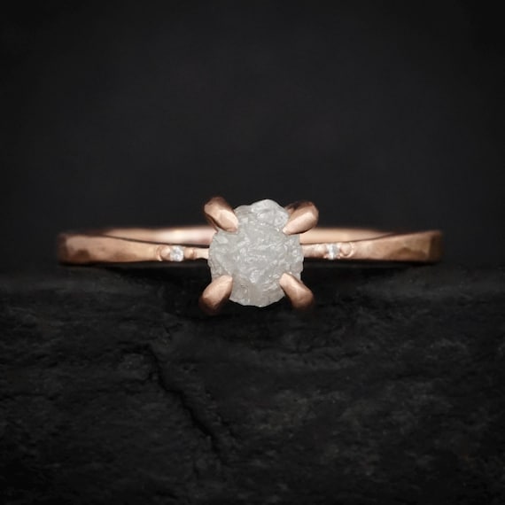 Uncut White Diamond Engagement Ring. Rustic Matte Gold 4 Prong Set Raw Greyish White Natural Round Diamond Promise Ring Uncut White Diamond Engagement Ring. Rustic Matte Gold 4 Prong Set Raw Greyish White Natural Round Diamond Promise Ring