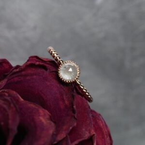 Rose-cut Opalescent White Diamond Engagement Ring 14k Rose Gold Delicate Beaded Band Detail Romantic Minimalistic Bridal Boho - Beauty Mark Rose-cut Opalescent White Diamond Engagement Ring 14k Rose Gold Delicate Beaded Band Detail Romantic Minimalistic Bridal Boho - Beauty Mark