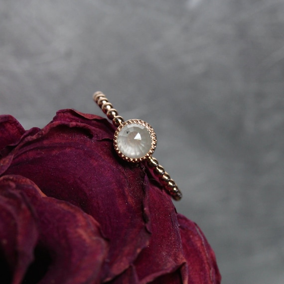 Rose-cut Opalescent White Diamond Engagement Ring 14k Rose Gold Delicate Beaded Band Detail Romantic Minimalistic Bridal Boho - Beauty Mark