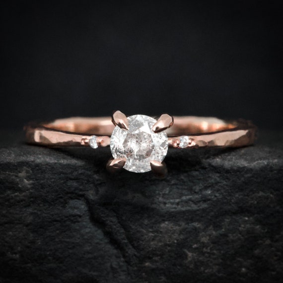Round Salt And Pepper Diamond Ring. Rustic 4 Prong Set Rose Gold Grey To Black Galaxy Diamond Engagement Ring