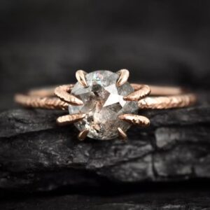 Black Round Diamond Ring. Rustic Rose Gold Firemarked Spider Prong Set Natural Rose Cut Black Diamond Engagement Statement Ring