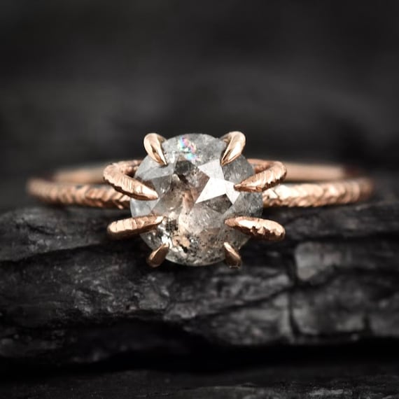 Round Rose Cut Diamond Ring. Rustic Shiny Rose Gold Bezel Set Huge Salt And Pepper Galaxy Diamond Engagement Statement Ring