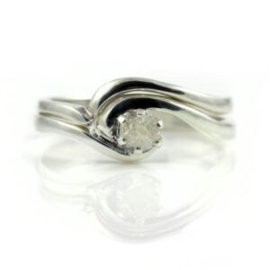 Set of Diamond Ring and Band in Sterling Silver - 4mm White Raw Rough Diamond Conflict Free - Engagement Ring Set - Swirl Design Ring