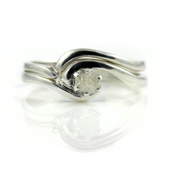 Set Of Diamond Ring And Band In Sterling Silver - 4mm White Raw Rough Diamond Conflict Free - Engagement Ring Set - Swirl Design Ring