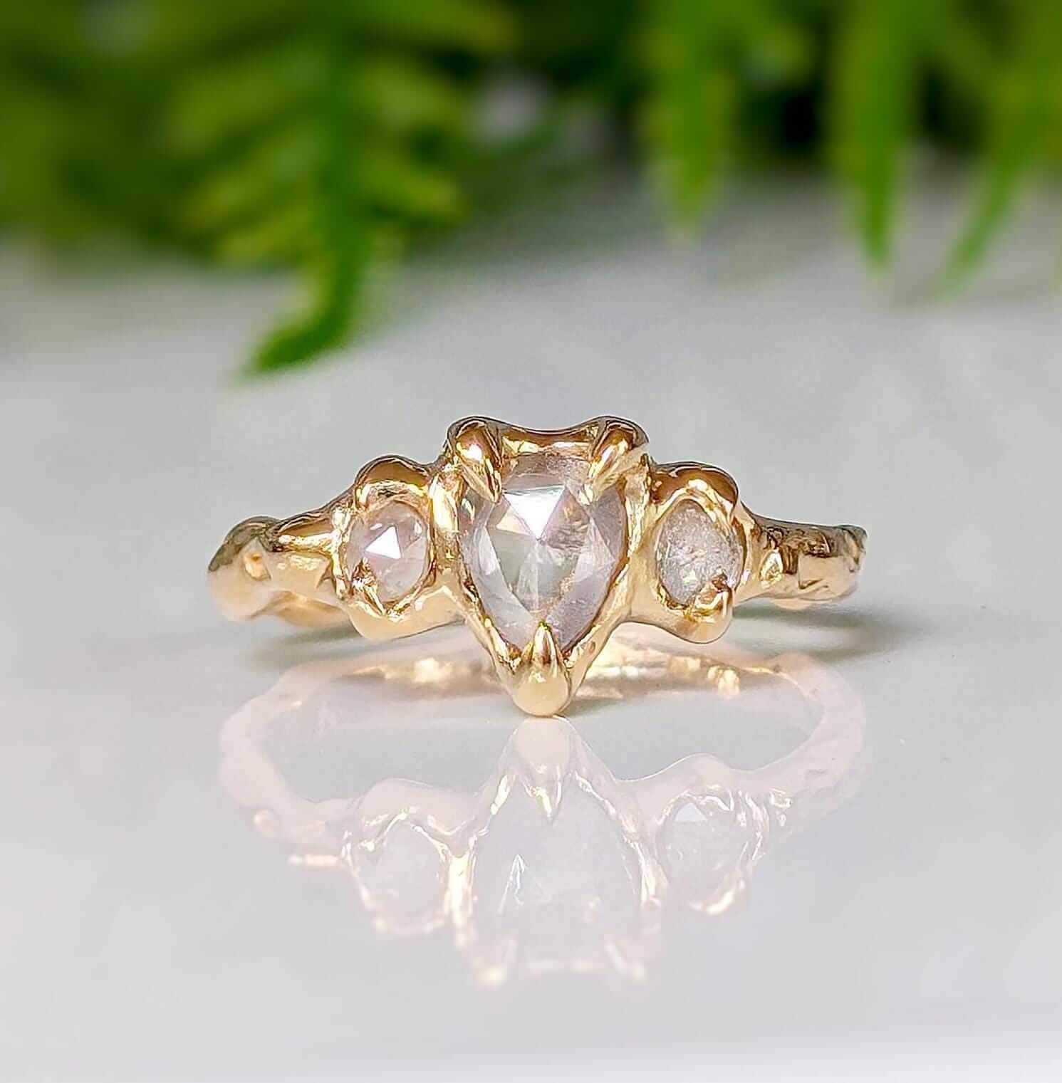 Solid 14k Gold Diamond Engagement Ring, Rustic Gold Diamond Ring, Unique Crystal Engagement Ring, Textured Gold Ring, Valentine's Day Gift Solid 14k Gold Diamond Engagement Ring, Rustic Gold Diamond Ring, Unique Crystal Engagement Ring, Textured Gold Ring, Valentine's Day Gift
