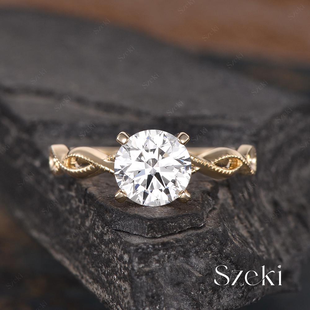 Unique 2ct Round Shaped Lab Grown Diamond Engagement Ring Yellow Gold Twisted Band Ring Infinity Diamond Ring Milgrain Ring Proposal Gifts Unique 2ct Round Shaped Lab Grown Diamond Engagement Ring Yellow Gold Twisted Band Ring Infinity Diamond Ring Milgrain Ring Proposal Gifts
