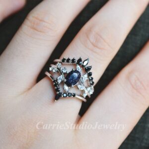 Unique Blue Sandstone Ring Set/Silver Black Diamond Engagement Ring Set/Oval Blue Goldstone Ring/3 Ring Set