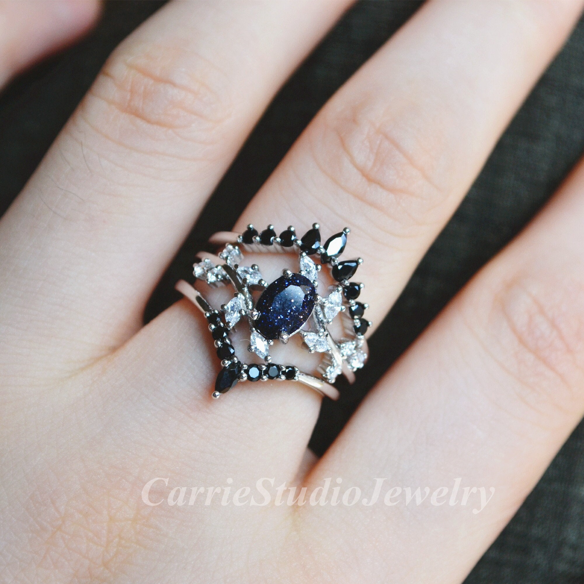 Unique Blue Sandstone Ring Set/silver Black Diamond Engagement Ring Set/oval Blue Goldstone Ring/3 Ring Set
