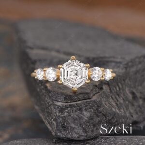 Unique Hexagon Cut Lab Diamond Engagement Ring Yellow Gold Five Stone Ring Delicate Igi Lab Grown Diamond Ring Promise Rings For Her Unique Hexagon Cut Lab Diamond Engagement Ring Yellow Gold Five Stone Ring Delicate Igi Lab Grown Diamond Ring Promise Rings For Her