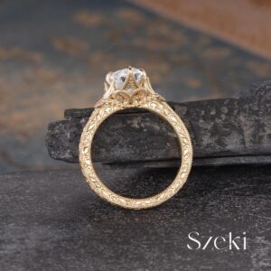 Vintage Oval Cut Lab Diamond Engagement Ring Yellow Gold Engraved Design Ring Nature Inspired Leaf Ring Tulip Setting Filigree Ring Promise Vintage Oval Cut Lab Diamond Engagement Ring Yellow Gold Engraved Design Ring Nature Inspired Leaf Ring Tulip Setting Filigree Ring Promise