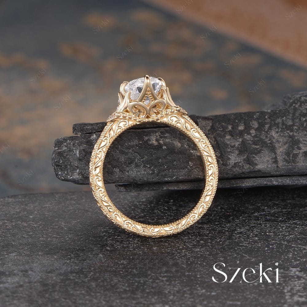 Vintage Oval Cut Lab Diamond Engagement Ring Yellow Gold Engraved Design Ring Nature Inspired Leaf Ring Tulip Setting Filigree Ring Promise Vintage Oval Cut Lab Diamond Engagement Ring Yellow Gold Engraved Design Ring Nature Inspired Leaf Ring Tulip Setting Filigree Ring Promise