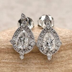 Vintage Pear Cut Ring, Tiny, Milgrain Beaded Halo, Golden Filigree, Lifetime Care Plan Included, Genuine Gems And Diamonds Ls6481