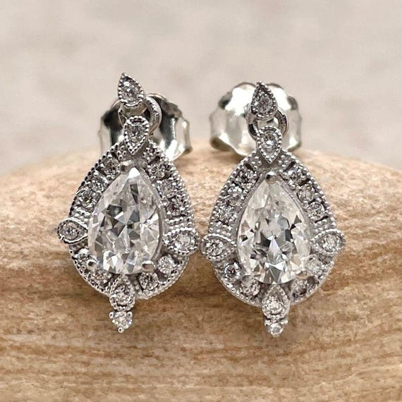 Vintage Pear Cut Ring, Tiny, Milgrain Beaded Halo, Golden Filigree, Lifetime Care Plan Included, Genuine Gems And Diamonds Ls6481