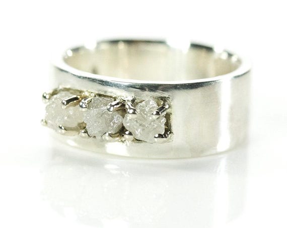 Wedding Ring With Rough Diamonds - 8mm Flat Design Band Comfort Fit - Sterling Silver Or 14k White Gold - Conflict Free White Raw Diamonds