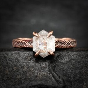 White Hexagon Diamond Ring. Rustic Alternative Rose Gold Hexagon Salt And Pepper Galaxy Diamond Textured Geometric Engagement Ring