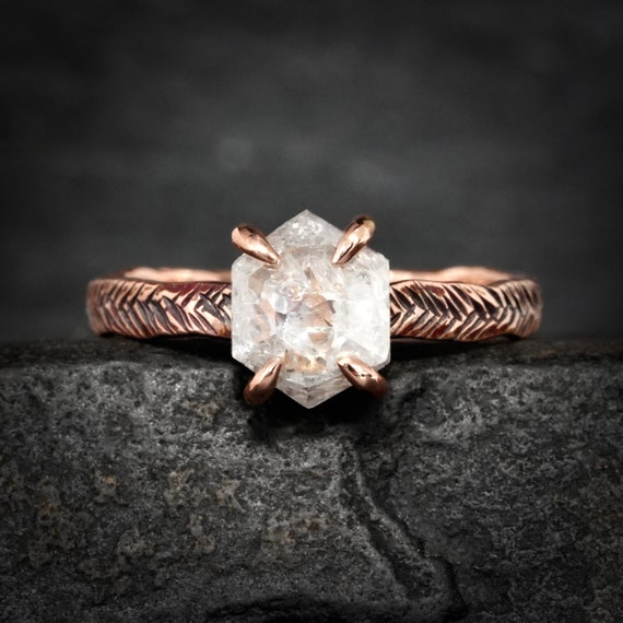 White Hexagon Diamond Ring. Rustic Alternative Rose Gold Hexagon Salt And Pepper Galaxy Diamond Textured Geometric Engagement Ring