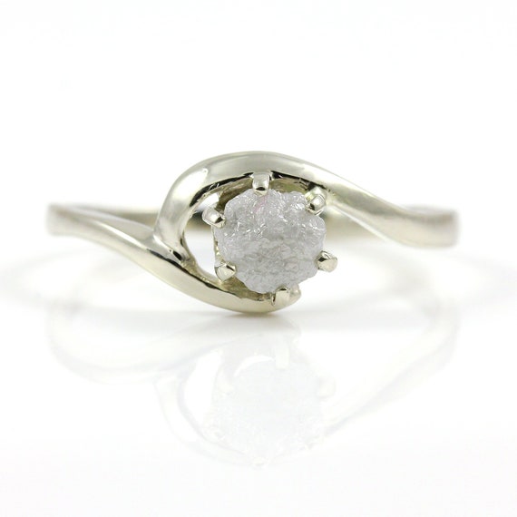 White Raw Rough Diamond Ring - 14k White Gold Or Sterling Silver Solitaire Ring - Swirl Design - Uncut Unfinished Diamond Engagement Ring